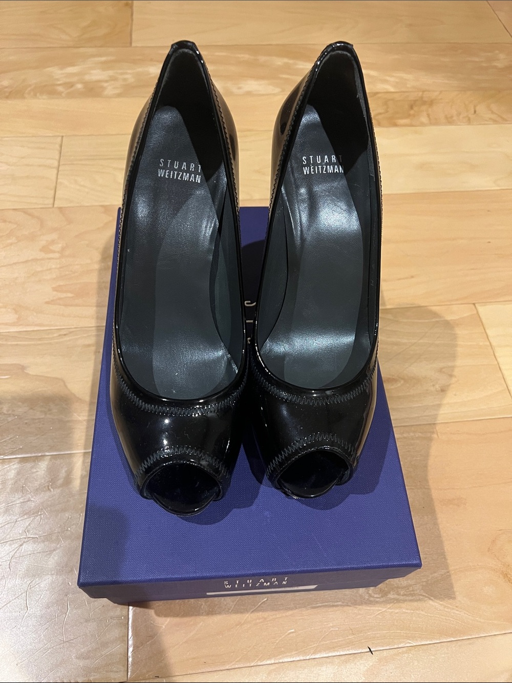 Stuart Weitzman Black Patent Peep Toe Pumps - Glossy Finish size 9